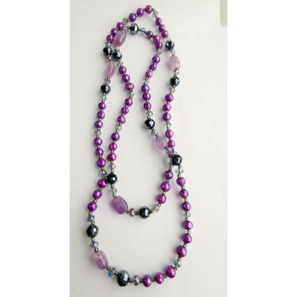 Freshwater pearl amethyst and crystal rope necklace 46" NEW